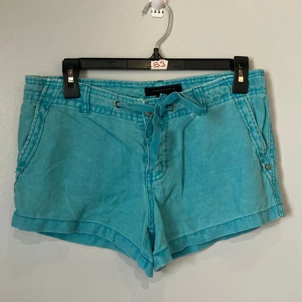 Sanctuary 100% Linen Mid-rise Baby Blue Drawstring Shorts size 26 #780